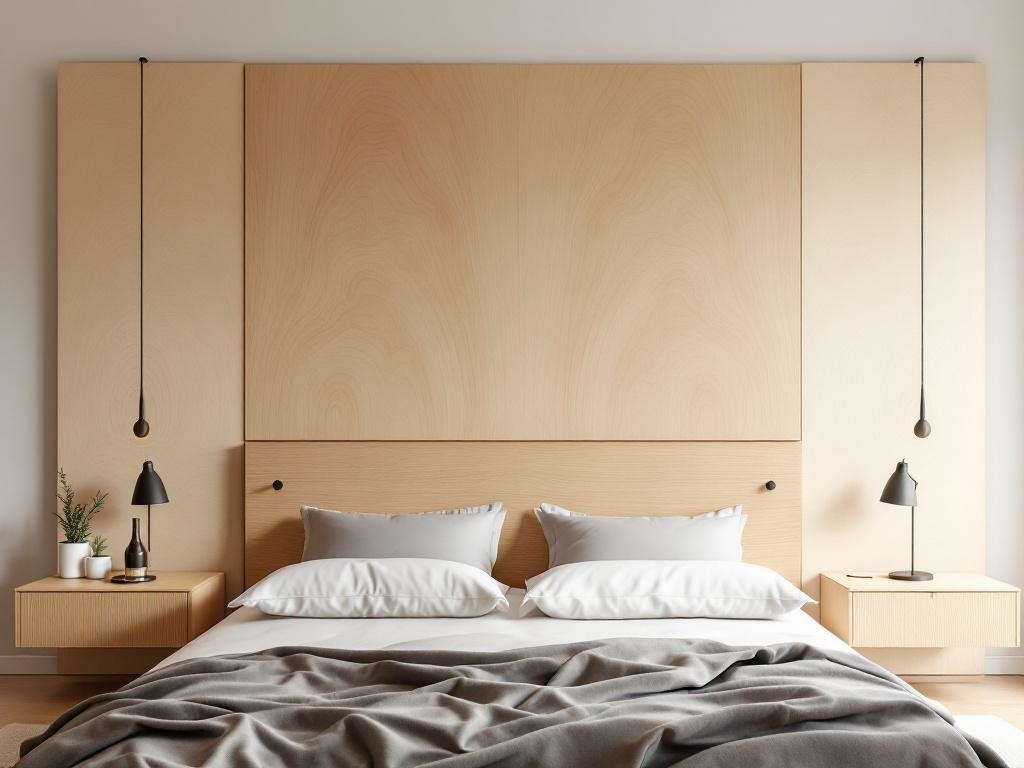 Oversized plywood headboard with integrated nightstand extensions and modern lighting