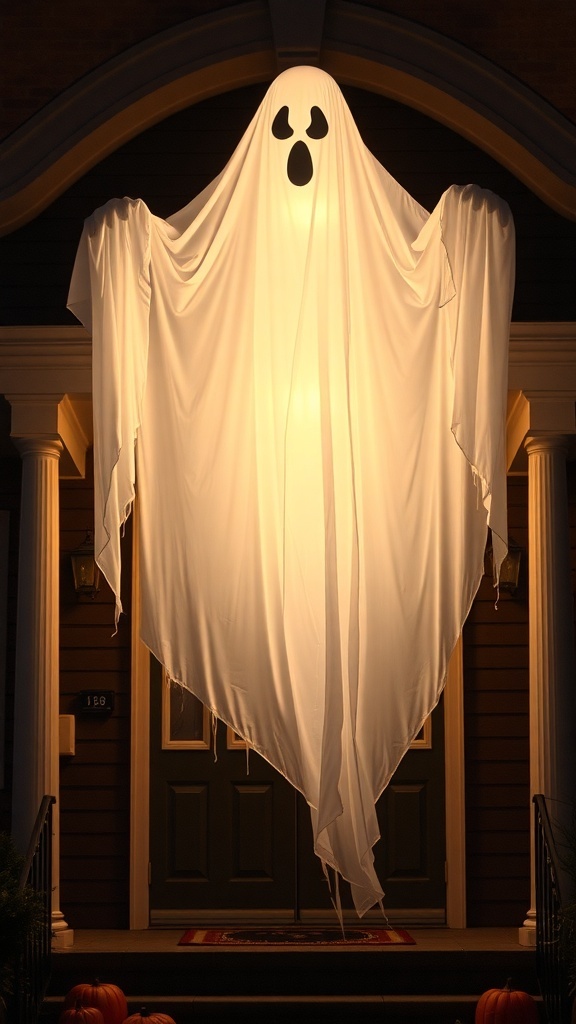 An oversized ghost decoration hanging above a porch, illuminated from within, creating a spooky yet welcoming atmosphere.