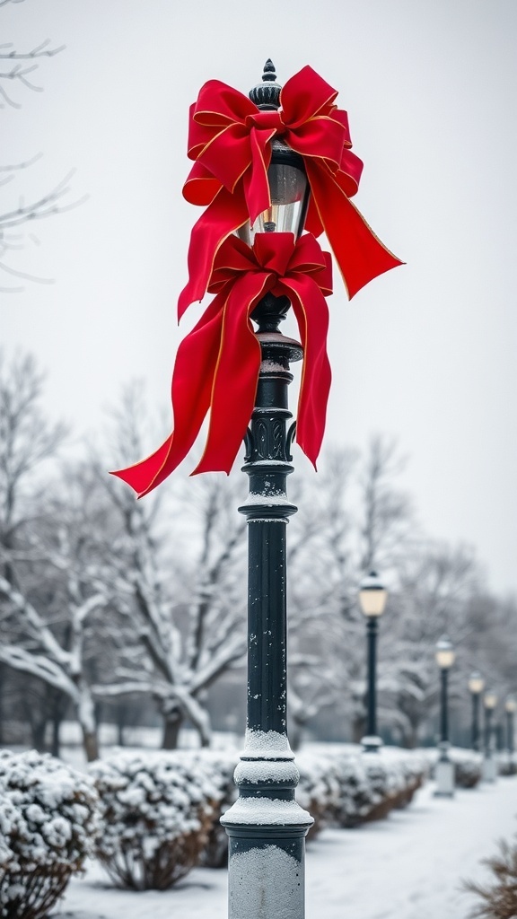A lamp post decorated with an oversized red bow, surrounded by snow-covered trees.