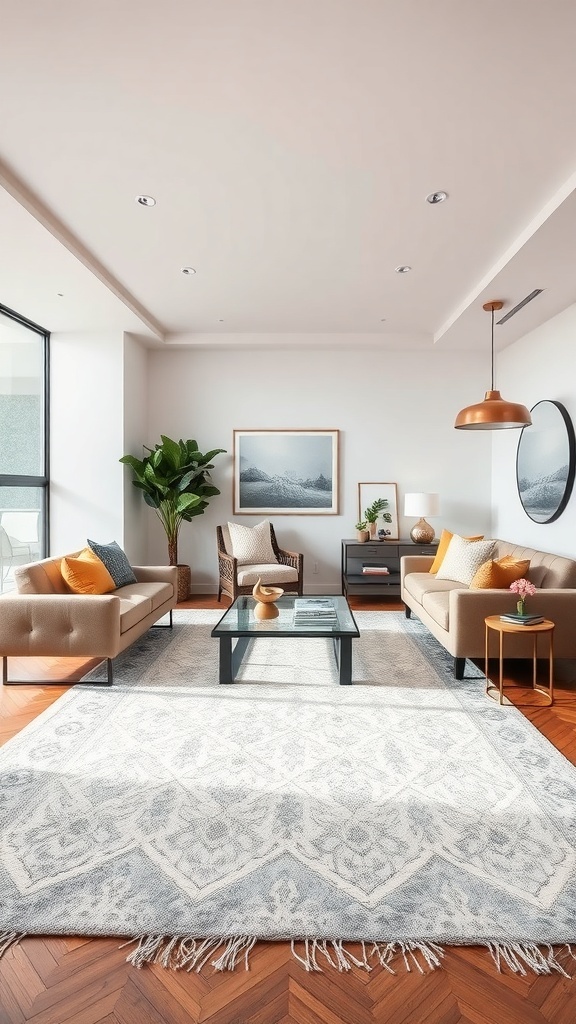 A modern living room featuring an oversized rug that anchors the seating area, with warm tones and stylish decor.