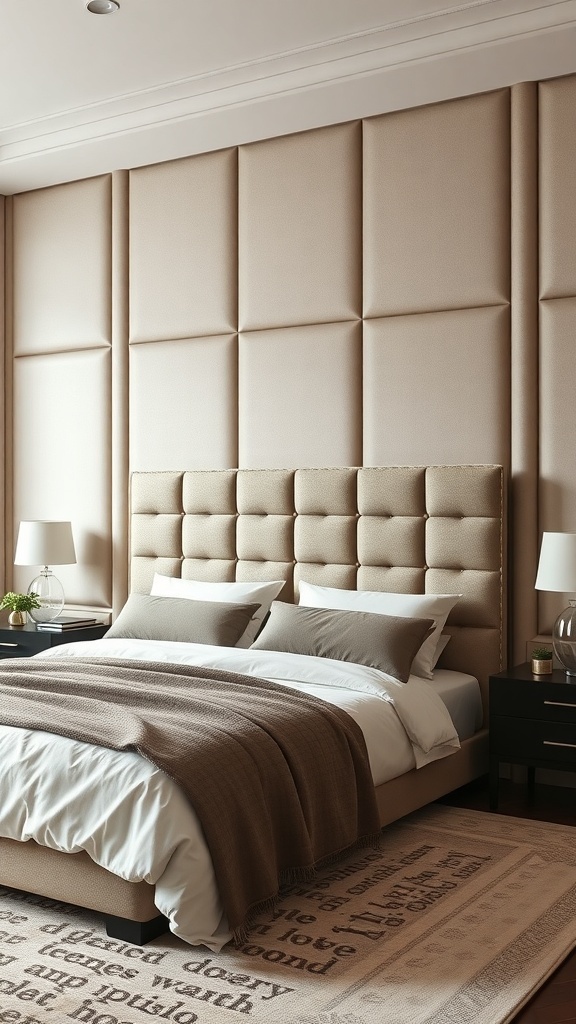 A luxurious oversized upholstered headboard in a modern bedroom setting.