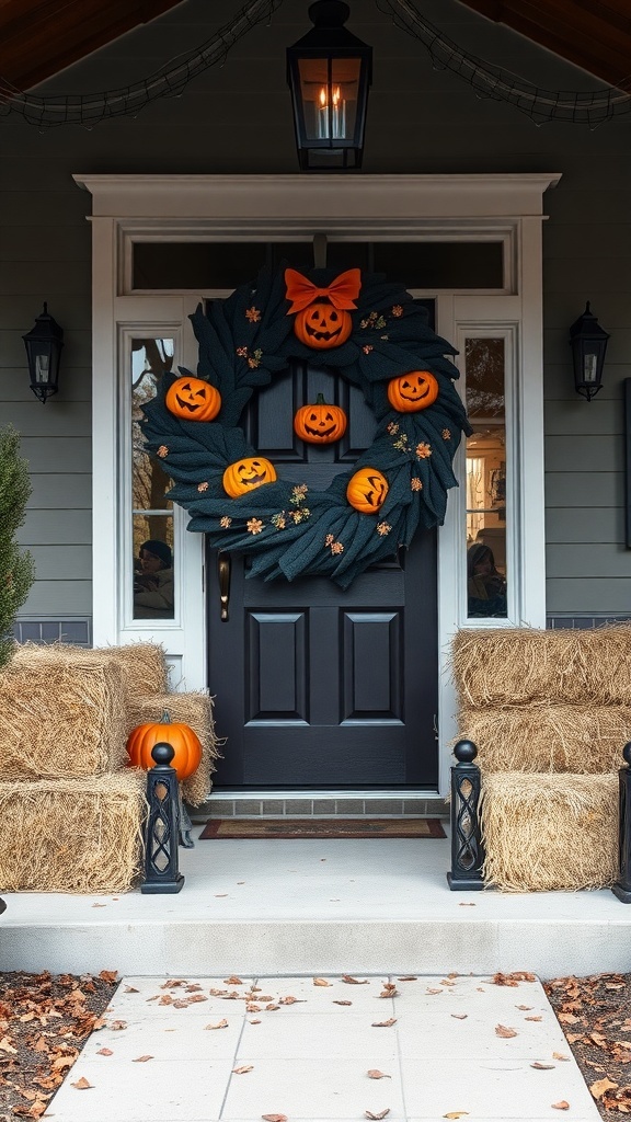 A Halloween porch featuring an oversized wreath with pumpkins and hay bales as seating.