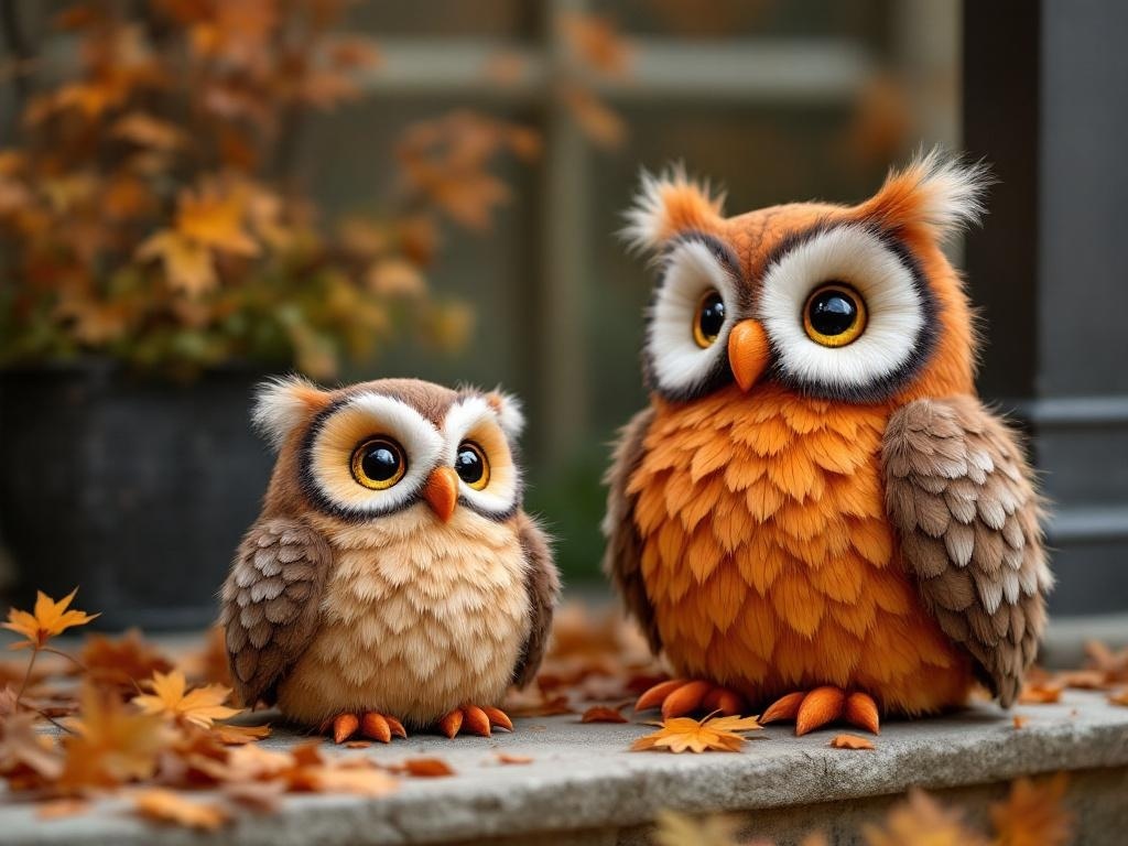 Two cute owls in autumn colors sitting on a porch surrounded by fall leaves.