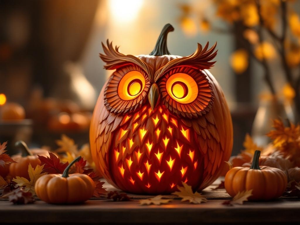 A beautifully carved owl pumpkin with intricate feather details and glowing eyes, surrounded by autumn leaves and smaller pumpkins.