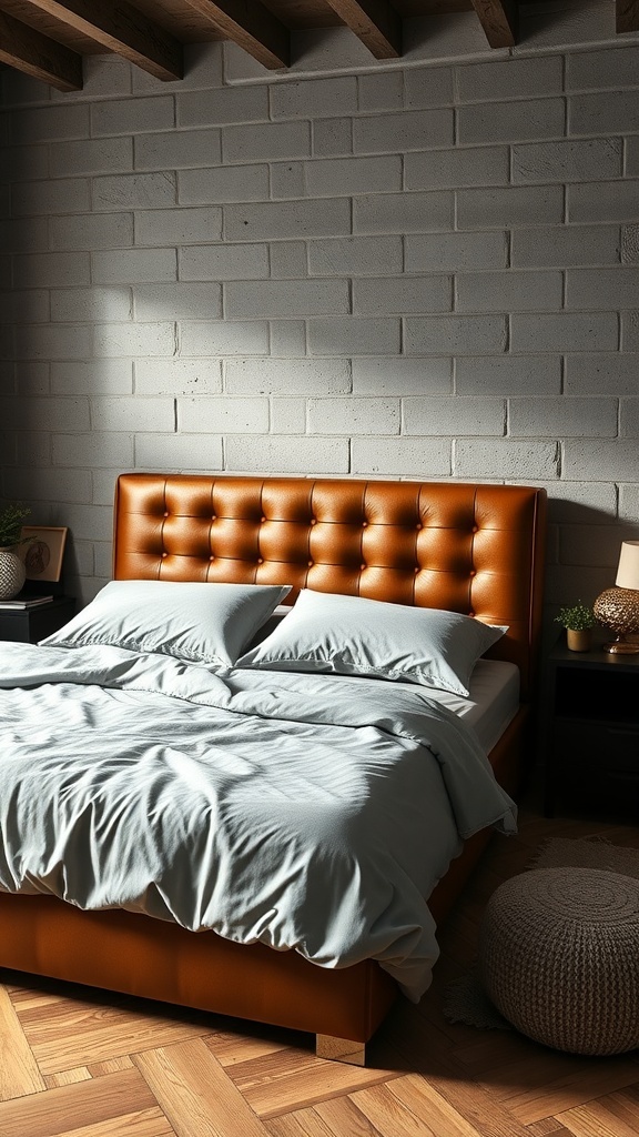 A stylish padded leather headboard in a modern bedroom setting, featuring a tufted design against a gray wall.