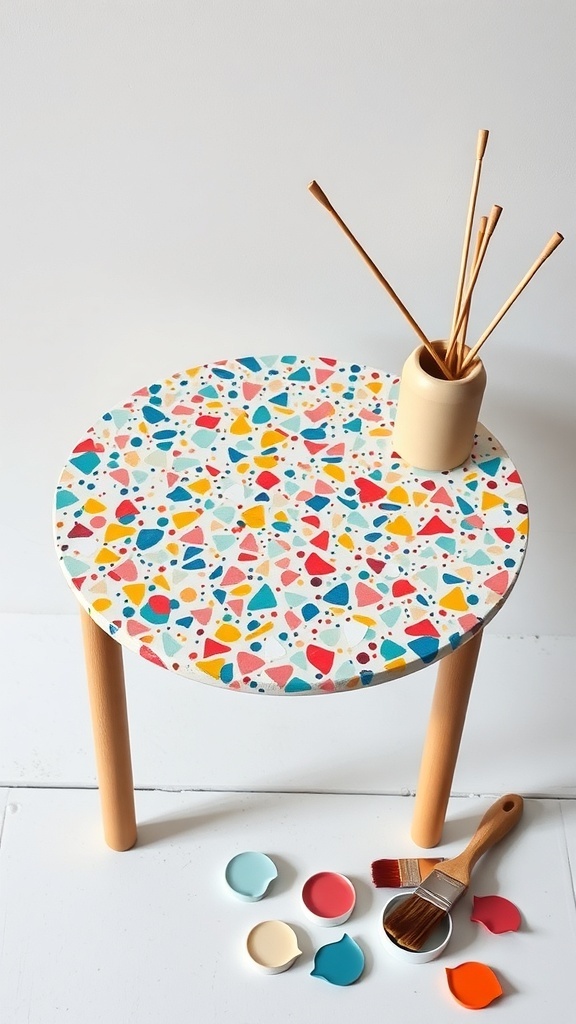 A colorful terrazzo side table with paint chips and a brush beside it, showcasing a DIY project.