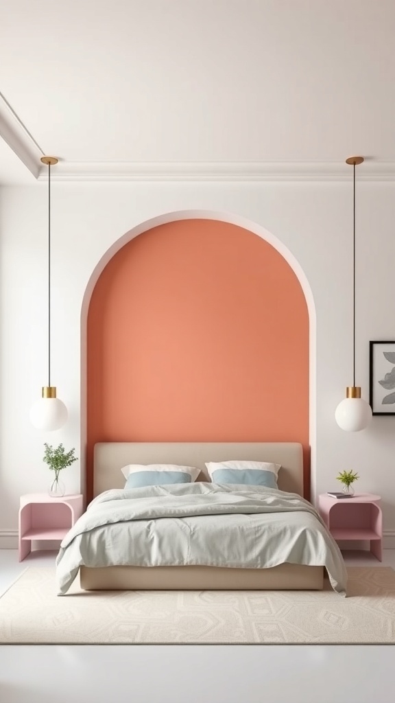 A bedroom featuring a coral painted accent wall in an arch shape, with a bed, pink nightstands, and pendant lights.