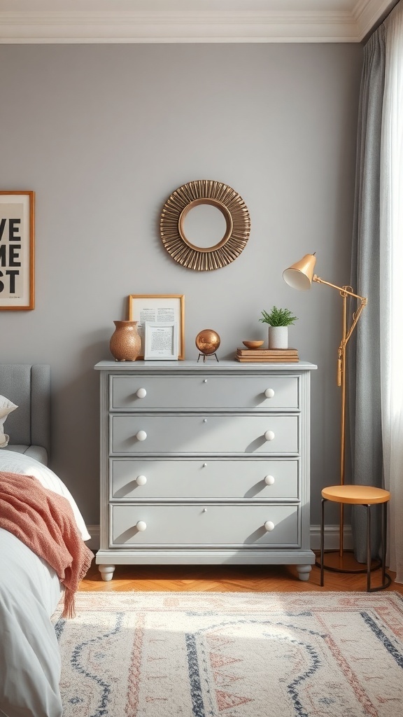 A stylish grey chest of drawers in a modern bedroom setting with decorative items.