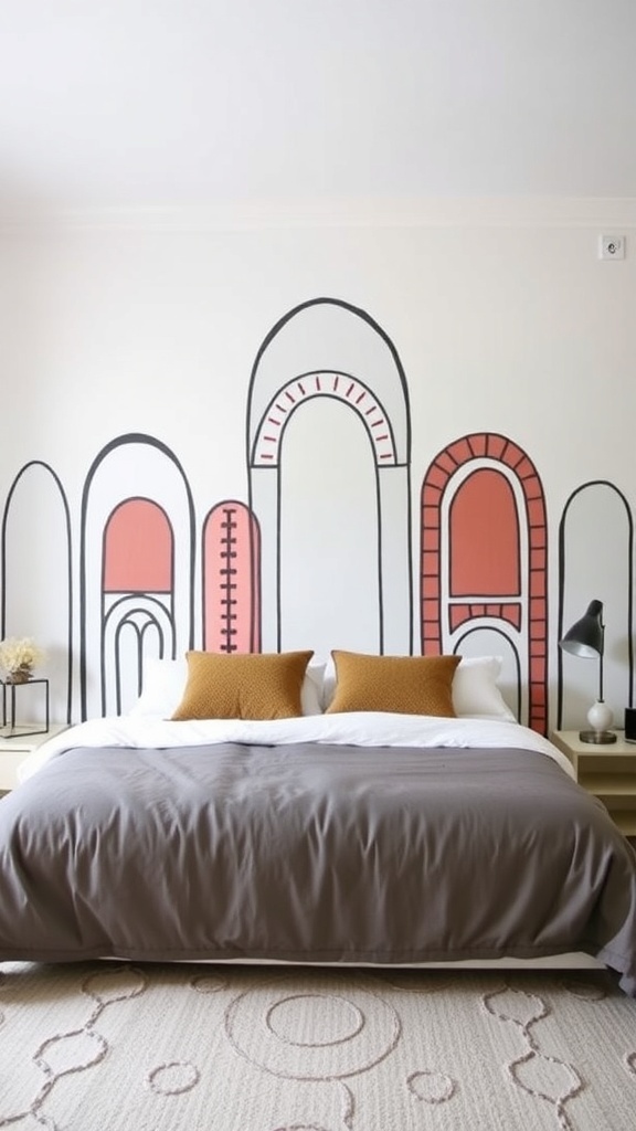 A modern bedroom featuring a mural headboard wall with arches and warm colors.