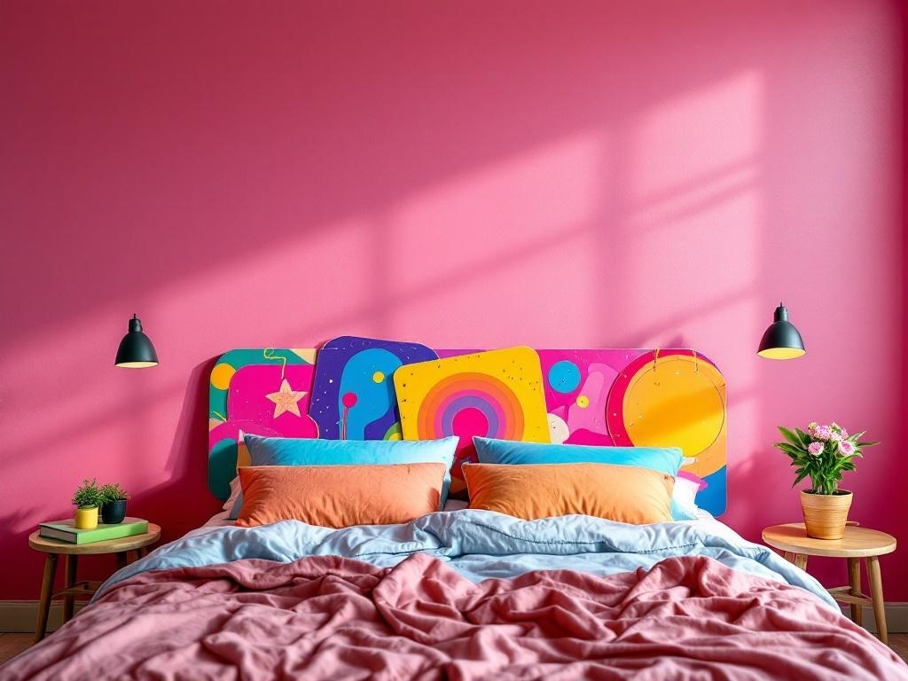 A colorful painted plywood headboard against a pink wall, featuring bold shapes and colors, with a cozy bed setup.