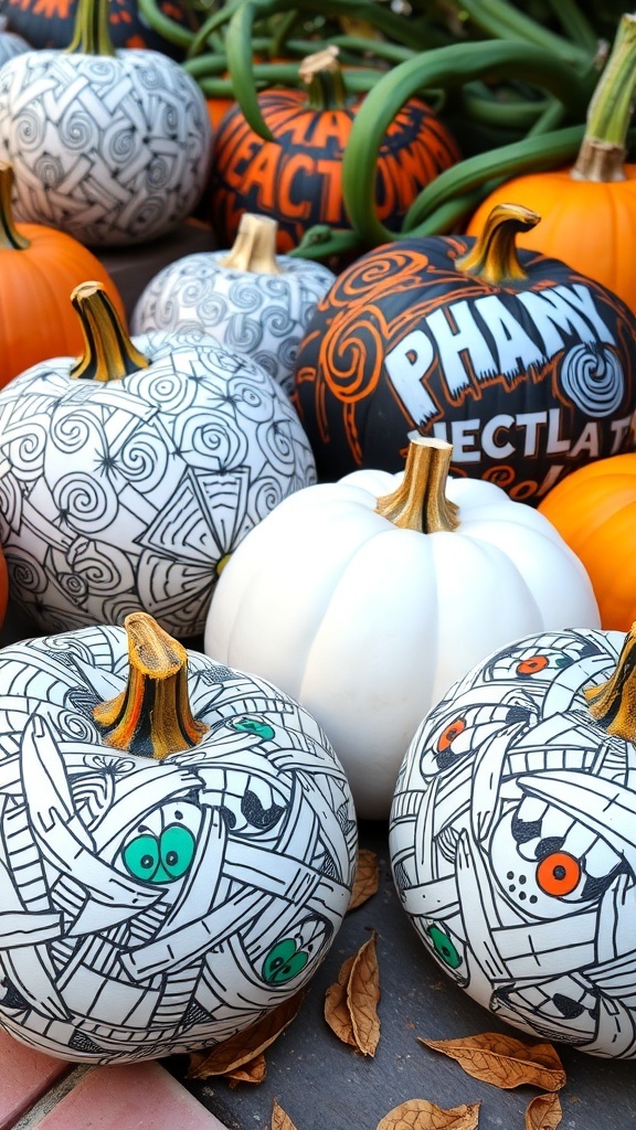 Colorful painted pumpkins with unique designs, including black and white patterns and fun phrases.