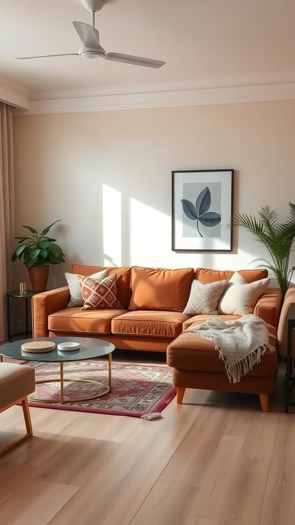 A cozy living room featuring a brown sofa against cream walls, complemented by decorative pillows and a coffee table.