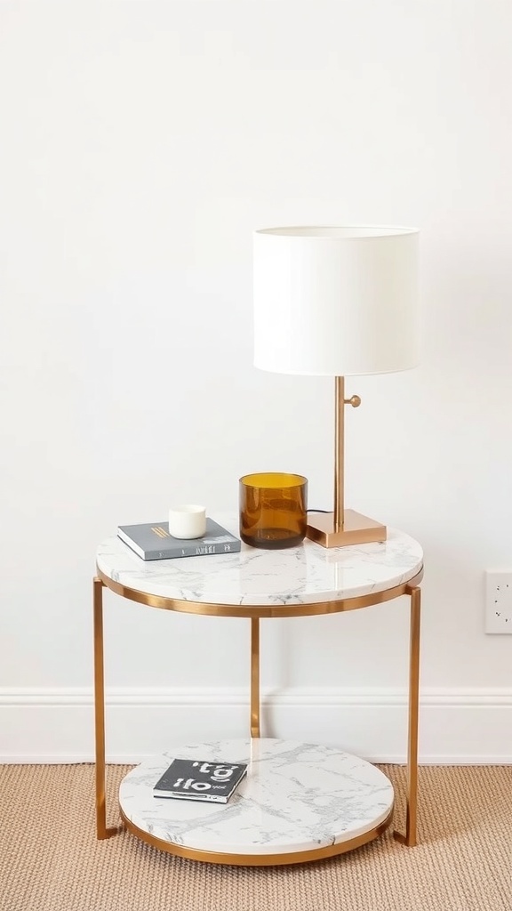 A stylish terrazzo side table with a gold frame, topped with a white lamp and amber glass, showcasing a modern decor style.