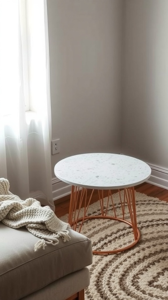 A stylish terrazzo side table with a textured rug and soft fabrics in a modern living space.