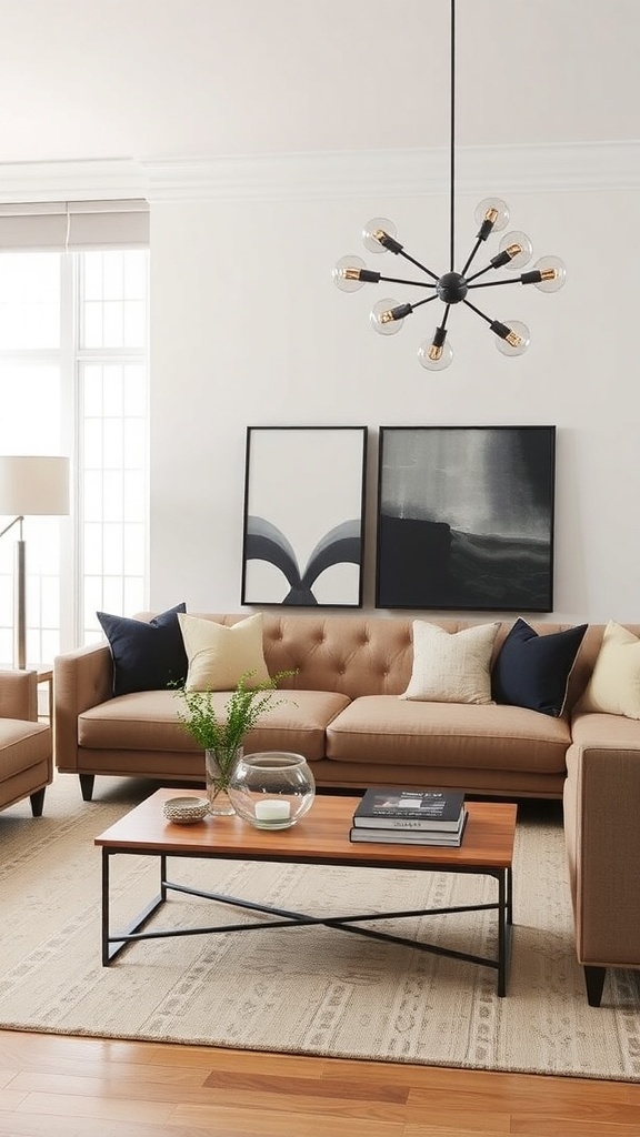 A modern living room featuring a stylish sofa table and a unique pendant light.