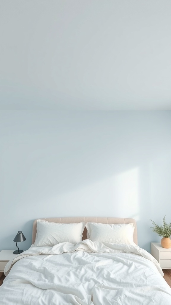 A serene bedroom with a pale blue ceiling, light-colored walls, and soft bedding.