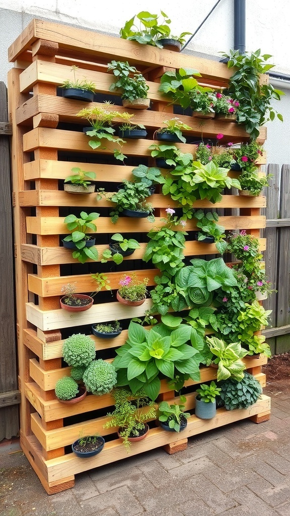 A vertical garden made from a wooden pallet, showcasing various plants and herbs in pots.