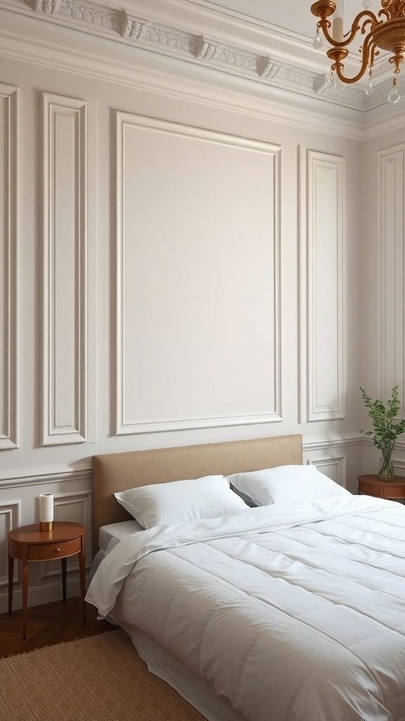 A serene bedroom featuring panel molding painted to match the walls, creating a seamless and sophisticated look.