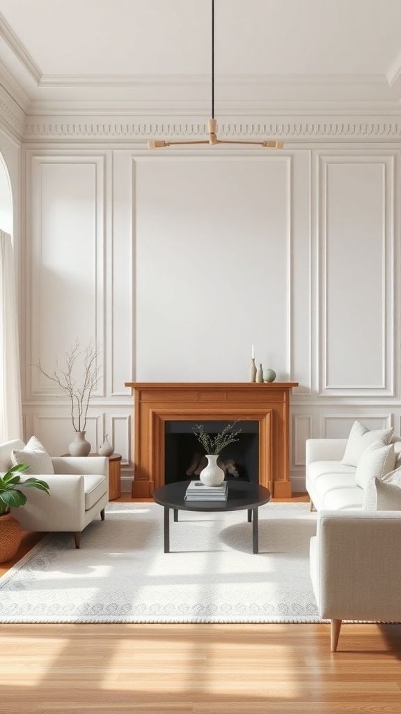 A cozy living room featuring paneled walls, a stone fireplace, and elegant furniture.