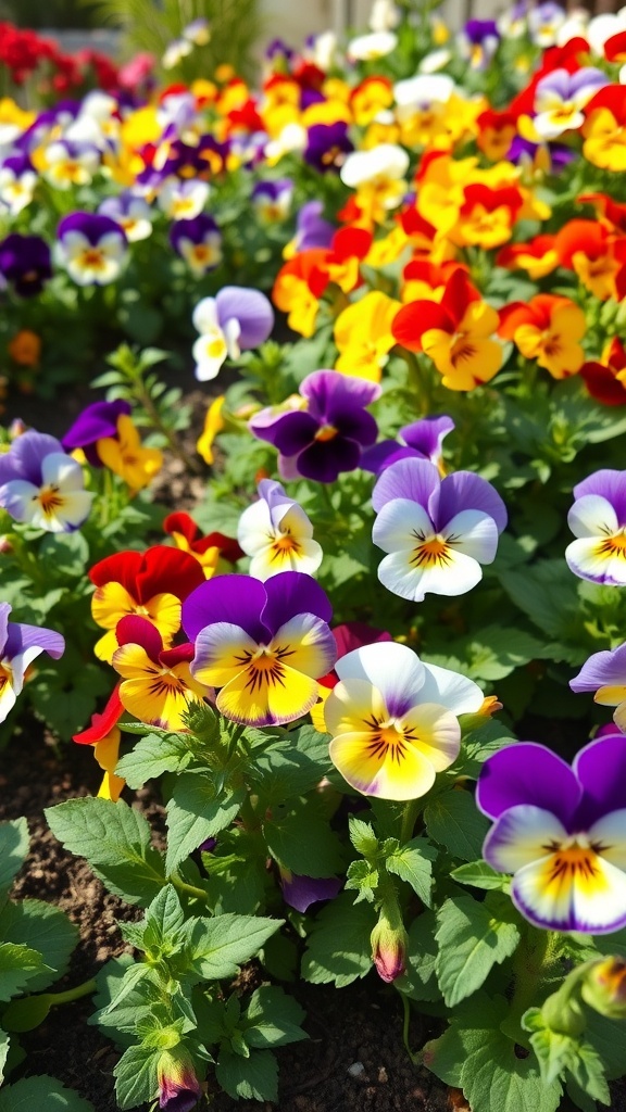 A vibrant display of pansies and violas in various colors, showcasing their cheerful blooms.