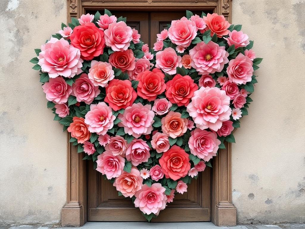 A large heart made of colorful paper flowers in shades of pink and coral, displayed on a door.