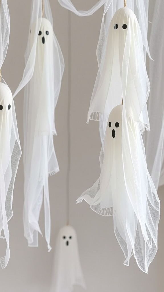 A collection of paper mache hanging ghosts with black eyes and mouths, suspended in mid-air.