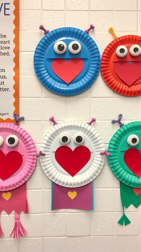 Colorful paper plate love monsters with heart mouths and googly eyes, displayed on a wall.