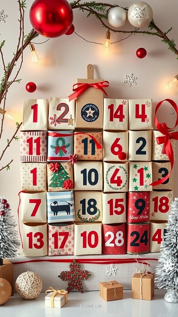A festive paper roll advent calendar with numbered wrapped rolls, decorated with holiday designs.