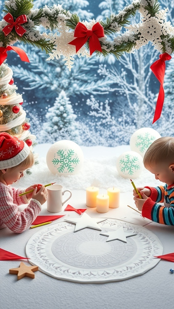 Two children creating paper snowflakes and stars for Christmas decorations.