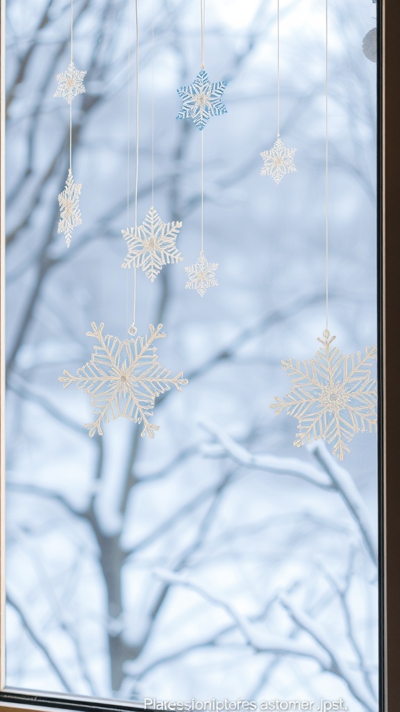 Decorative paper snowflakes hanging in a window with a snowy background.