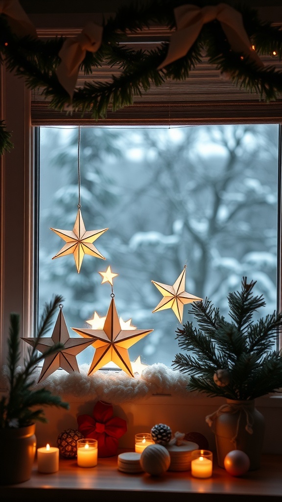 A cozy window decorated with paper stars, candles, and greenery for Christmas.