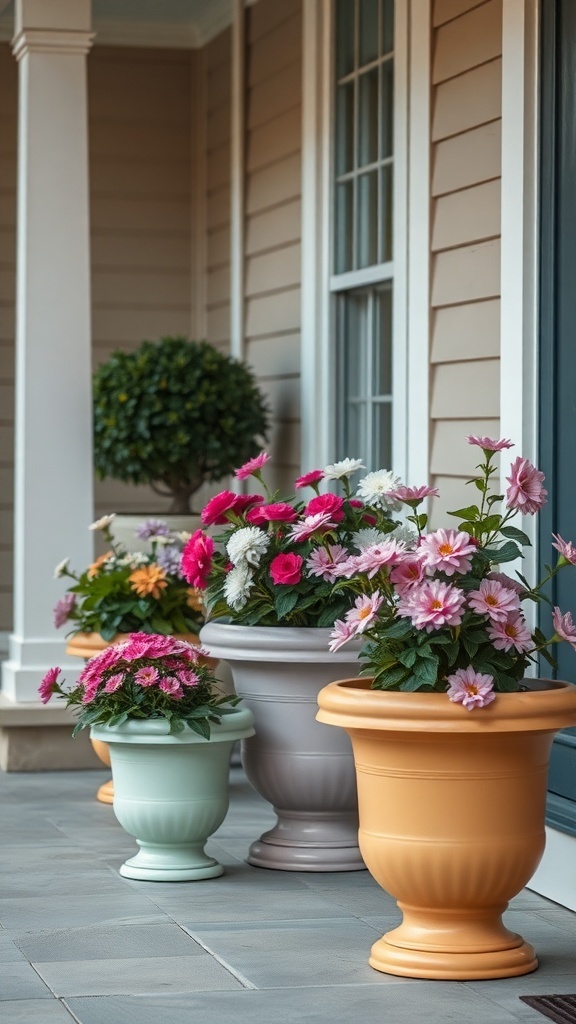 A collection of pastel-colored planters filled with flowers on a front porch.