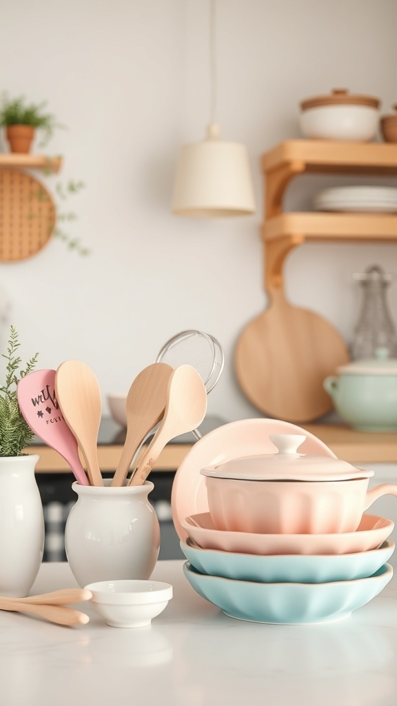Pastel-colored kitchen utensils and dishes arranged on a countertop.