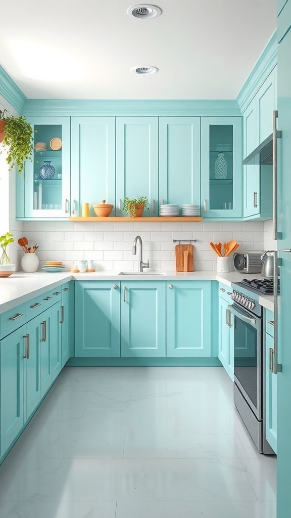 A modern kitchen featuring pastel aquamarine cabinets, white countertops, and a bright, airy atmosphere.