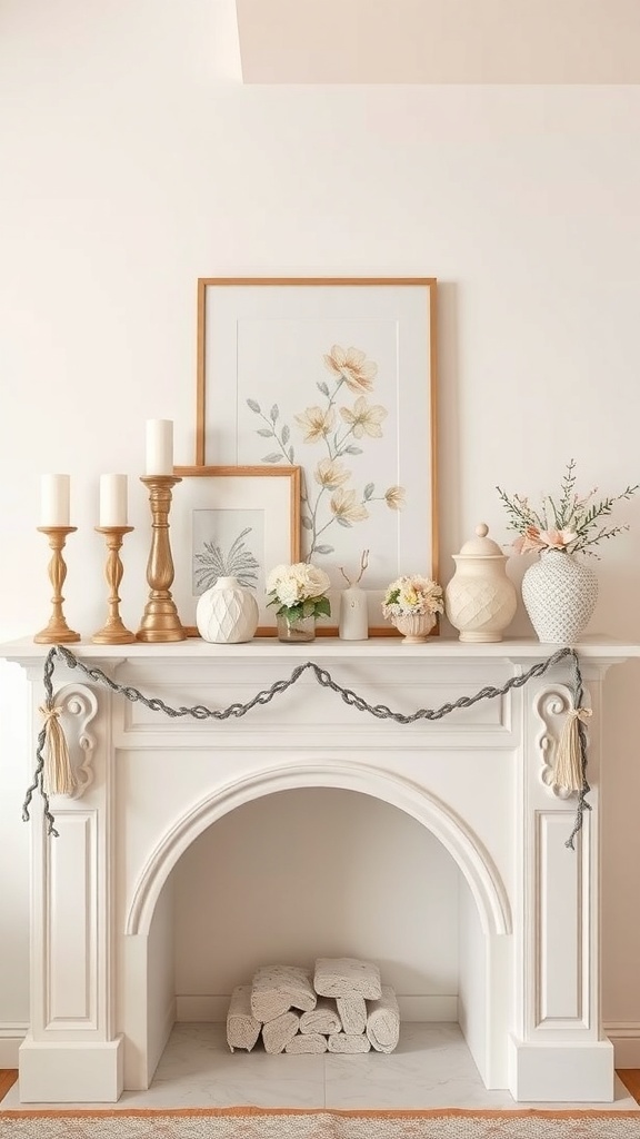 A beautifully decorated mantel with pastel colors, featuring floral artwork, candle holders, and decorative vases.