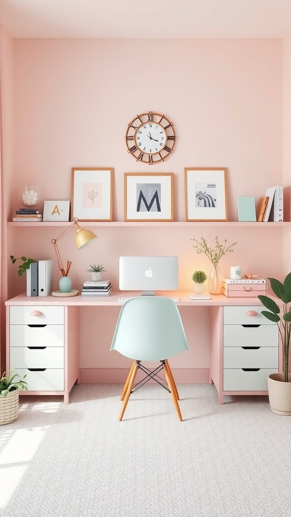 A stylish home office featuring a pastel color palette with pink walls, a pink and white desk, a mint green chair, and decorative elements.