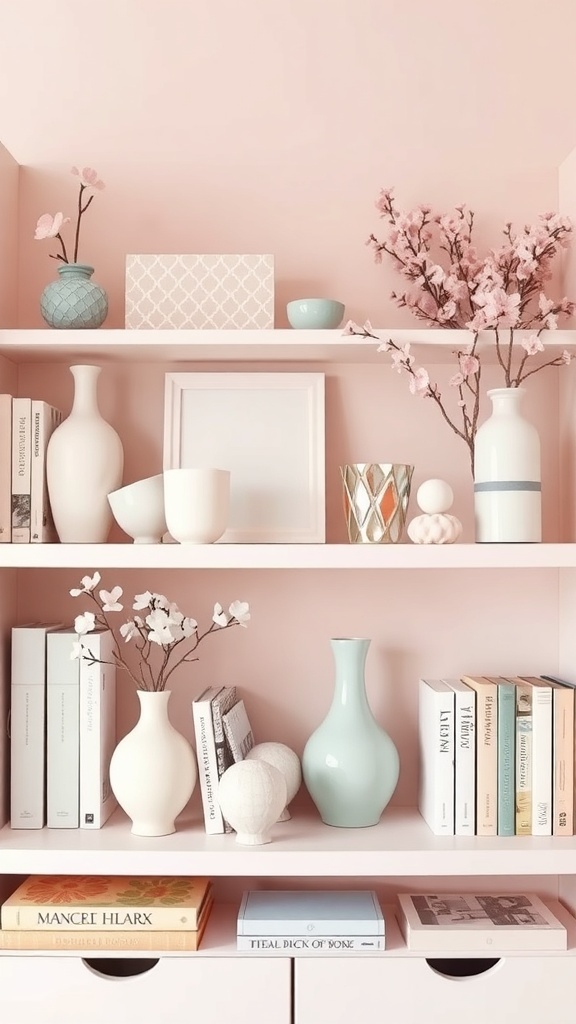 A pastel-themed shelf display featuring vases, books, and flowers against a soft pink background.