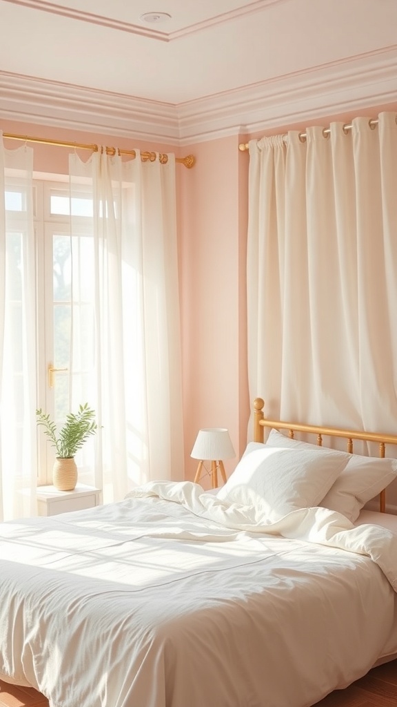 A cozy bedroom with pastel pink walls, white curtains, and a light bedspread, featuring a potted plant on the nightstand.