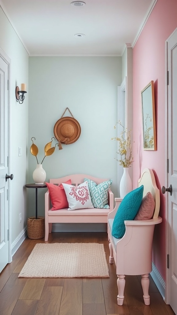 A pastel-colored entryway featuring mint green and pink walls, a pink bench with colorful pillows, and a cozy rug.