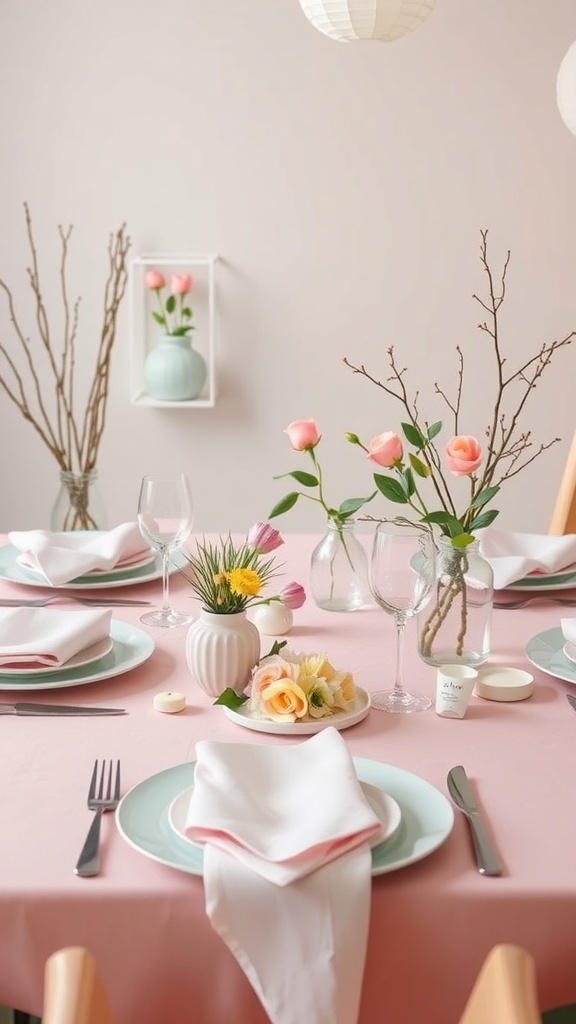 A pastel colored table setting with flowers and elegant glassware.