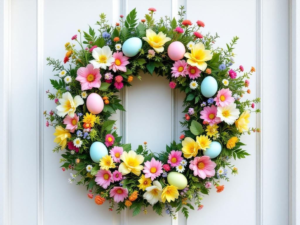 A colorful Easter wreath with pastel eggs and various flowers, hanging on a white door.