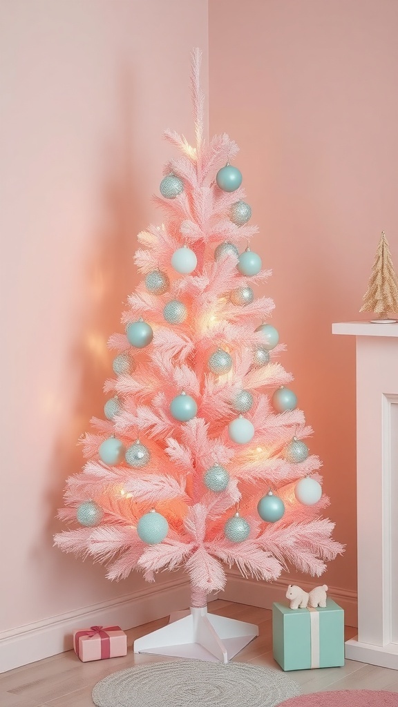 Pastel pink Christmas tree with mint and silver ornaments, glowing lights, and pastel gift boxes.