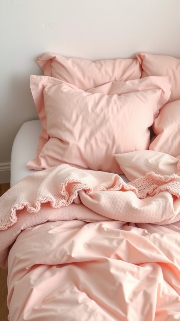 A cozy bed with pastel pink bedding, featuring fluffy pillows and a textured blanket with ruffled edges.