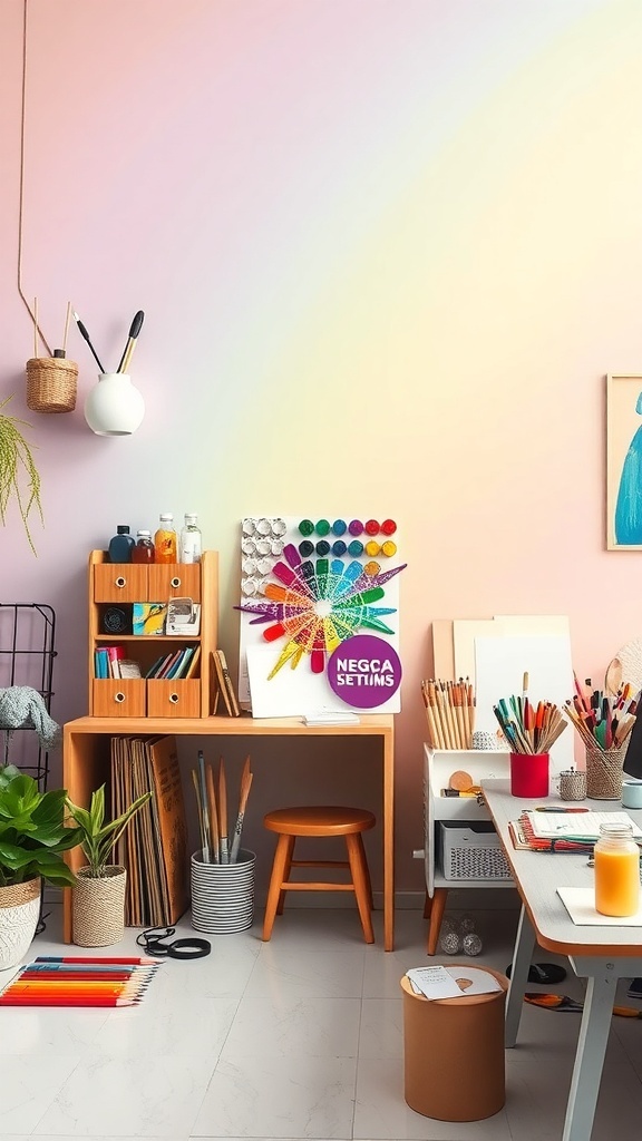 A pastel-themed creative workspace with art supplies and a gradient wall