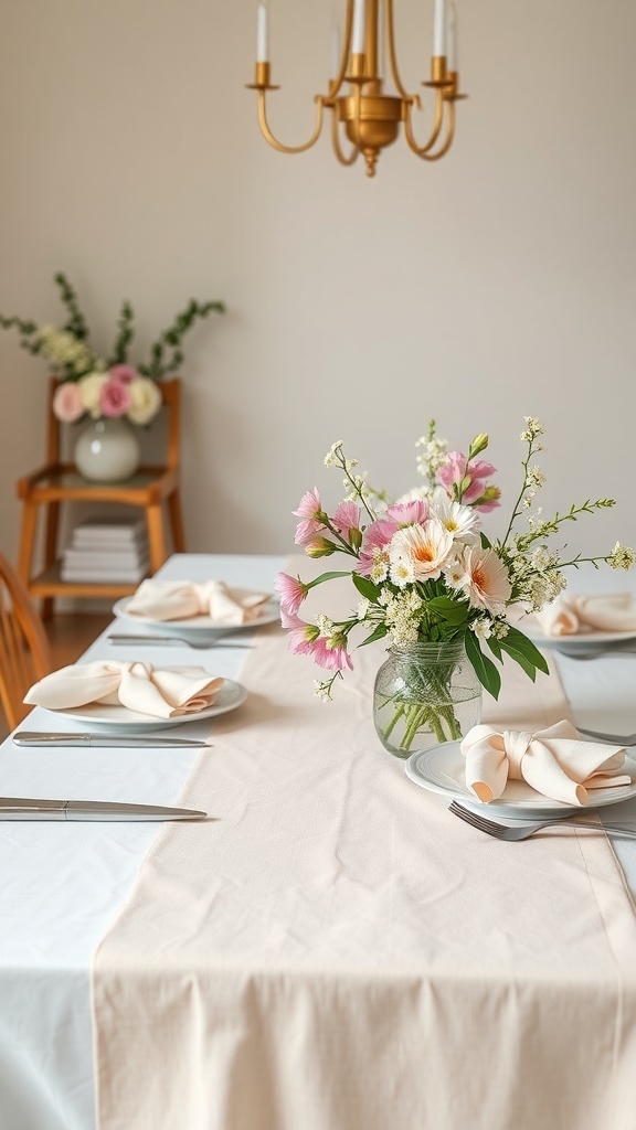 A dining table set with a pastel table runner, plates, and a vase of flowers.
