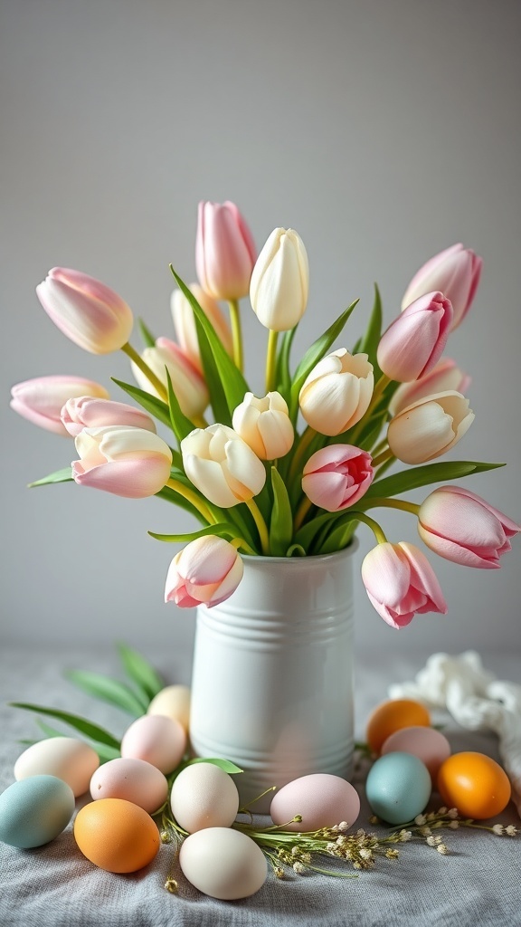 A floral arrangement of pastel tulips in a white vase surrounded by colorful Easter eggs.