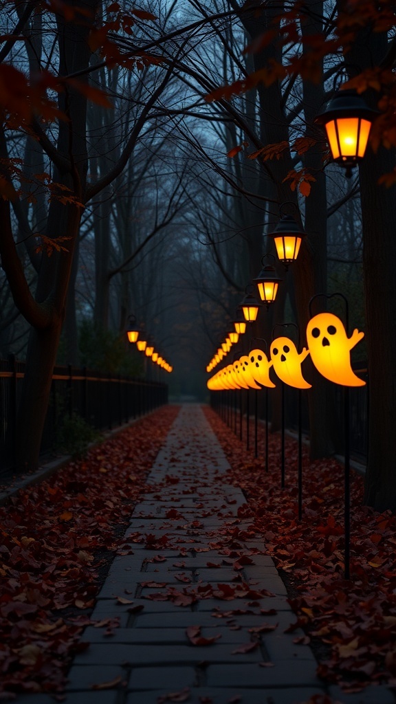 A spooky pathway lined with glowing ghost lanterns and autumn leaves.