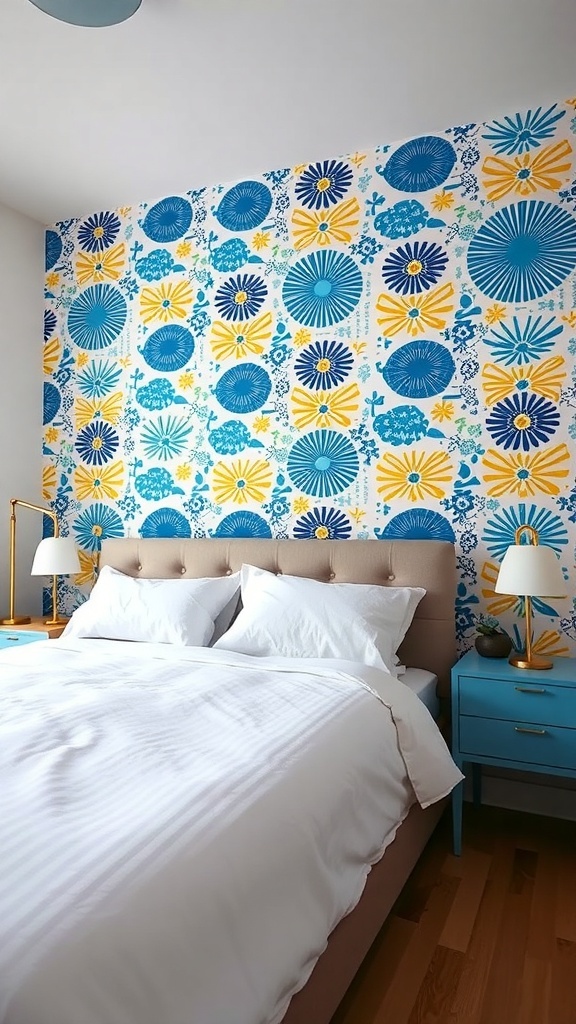 A bedroom featuring a patterned accent wall in blue and yellow, with gray bedding and light wood flooring.