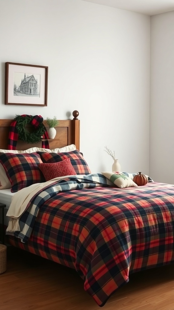 A cozy bed with plaid patterned bedding in warm colors, complemented by seasonal decor.