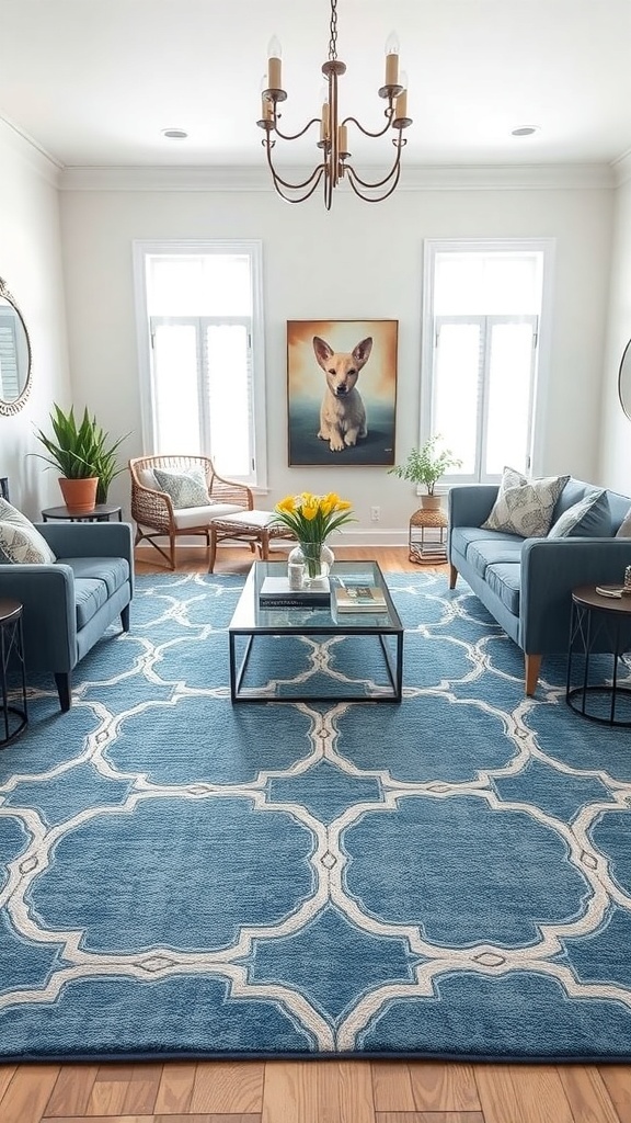 A front room featuring a patterned blue area rug, blue sofas, and natural light from windows.